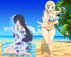 2girls alternate_version_available artist_request beach beach_towel big_breasts blonde_hair blue_bikini blue_eyes blue_hair clothed_sex edens_zero embarrassed excalibur_overdrive female_only homura_kogetsu knees_together_feet_apart long_hair mole_under_eye multiple_girls pigeon-toed public rebecca_bluegarden red_eyes sitting standing wariza