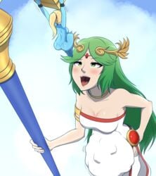 ass big_belly blonde_hair clothing female female_pred female_prey giantess goddess green_eyes green_hair kid_icarus macro/micro mawplay metroid nintendo palutena samus_aran starcrossing vore zero_suit