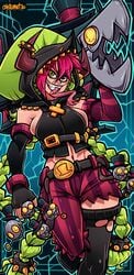 big_breasts bomb breasts cartoon_network castleart clothing cosplay crazy demencia_(villainous) female green_hair heterochromia jinx_(league_of_legends)_(cosplay) league_of_legends lizard_girl lizard_humanoid machine multicolored_hair red_hair smile solo text tongue_out villainous weapon