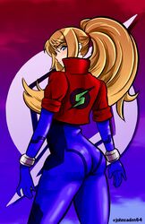 ass blonde_hair clothed clothing female johncaden leather_jacket metroid nintendo samus_aran solo zero_suit zero_suit_samus