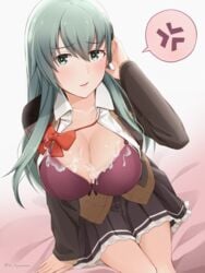 1girls anger_vein annoyed befu black_skirt blouse blush bra breasts brown_cardigan brown_skirt cardigan cleavage clothing collarbone cum cum_on_body cum_on_breasts cum_on_clothes eyebrows_visible_through_hair female green_eyes green_hair hair_between_eyes hair_ornament hairclip highres kantai_collection large_breasts legs_together light-skinned_female light_skin long_hair long_sleeves looking_at_viewer neck_ribbon open_blouse open_cardigan open_clothes open_mouth pleated_skirt purple_bra red_ribbon remodel_(kantai_collection) ribbon skirt solo solo_female spoken_anger_vein suzuya_(kantai_collection) underwear white_blouse