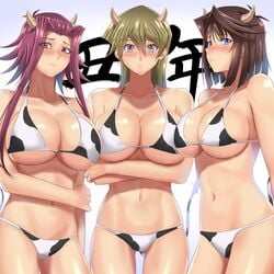 3girls akiza_izinski alexis_rhodes anzu_mazaki bare_shoulders blonde_hair blue_eyes blush brown_eyes brown_hair cow_bikini cow_horns cow_print cow_print_bikini cow_tail female horns huge_breasts izayoi_aki long_hair looking_at_viewer mazaki_anzu multiple_girls muto_dt red_hair short_hair tea_gardner tenjouin_asuka uncensored underwear yellow_eyes yu-gi-oh! yu-gi-oh!_5d's yu-gi-oh!_duel_monsters yu-gi-oh!_gx