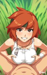 1boy absurdres advance_wars armband blush collarbone commentary dog_tags female grass green_headband headband highres nude orange_hair paizuri paizuri_under_clothes pants red_eyes red_hair sami_(advance_wars) short_hair smile solo_focus sports_bra straight tank_top twobey