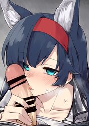 1boy 1girls animal_ears arknights bar_censor blaze_(arknights) blue_eyes blue_hair blush cat_ears censored collarbone commentary cute erection eyebrows_visible_through_hair fellatio female grey_background hairband hetero licking licking_penis light-skinned_female light-skinned_male light_skin looking_at_viewer oral oral_sex penis petite portrait red_hairband shirt simple_background solo_focus straight sweatdrop tongue tongue_out twitter_username white_shirt yom_(ymayma00ss)