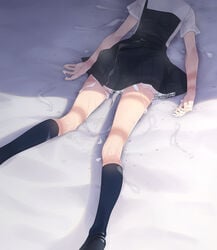 after_rape after_sex bed black_hair black_legwear blush clothed_rape commentary_request cum cum_on_body cum_on_clothes dress female grey_eyes hair_ribbon highres in_bed looking_at_viewer murakami_suigun original pinafore_dress pleated_skirt ribbon rope_marks school_uniform short_hair skirt solo