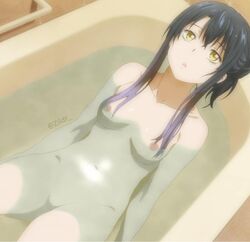 1girls bath bathing bathroom bathtub black_hair breasts edit female female_only mieruko-chan naked nipples nude_female pussy screenshot_edit shaved_pussy small_breasts solo uncensored vagina yellow_eyes yotsuya_miko