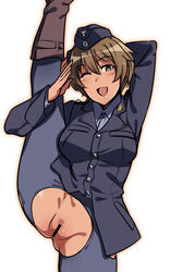 arm_behind_head bangs bar_censor black_jacket blue_legwear blush boots brave_witches brown_eyes brown_footwear brown_hair censored clothing commentary_request em_(totsuzen_no_hakike) eyebrows_visible_through_hair female female_pubic_hair jacket long_sleeves looking_at_viewer military military_uniform no_panties one_eye_closed open_mouth pantyhose pubic_hair salute short_hair simple_background smile solo split standing standing_on_one_leg standing_split strike_witches torn_clothes torn_legwear uniform very_short_hair waltrud_krupinski white_background world_witches_series