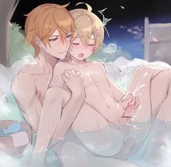 2boys absurdres aether_(genshin_impact) ahoge bangs bar_censor blonde_hair blue_eyes blush breath censored childe_(genshin_impact) closed_eyes completely_nude cum cute ejaculation eyebrows_visible_through_hair genshin_impact gumilkx hair_between_eyes handjob highres holding_hands interlocked_fingers male_focus multiple_boys night nude onsen open_mouth orange_hair outdoors partially_submerged penis petals shared_bathing sitting spread_legs sweat tartaglia_(genshin_impact) tears water yaoi