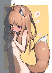 1girls absurdres ahoge animal_ear_fluff animal_ears bangs blush breasts brown_hair commission completely_nude cum cum_in_mouth cute eyebrows_visible_through_hair fellatio female fukutchi heart heart-shaped_pupils highres holo invisible_man long_hair nude oral overflow penis skeb_commission small_breasts solo_focus spice_and_wolf spoken_heart straight symbol-shaped_pupils tail trembling wolf_ears wolf_girl wolf_tail