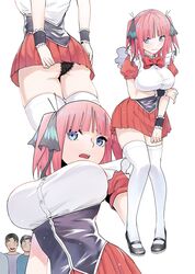 black_panties black_shoes blue_eyes blush go-toubun_no_hanayome hair_ribbon huge_breasts kosmos_beta maid maid_uniform miniskirt nakano_nino open_mouth panties pink_hair skirt stockings uncensored underwear white_stockings