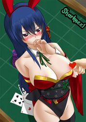 1boy 1girls blue_hair bunny_ears bunnysuit casino casino_card_table casino_chip casino_table censored censored_breasts censored_nipples edens_zero embarrassed homura_kogetsu long_hair mole_under_eye nipple_play nipples red_hair sharknex sole_female tagme