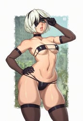 1girls 2021 absurd_res bikini blindfold blue_eyes breasts cleavage eye_contact eyepatch_bikini female female_focus female_only female_solo gloves goth goth_girl grey_hair hairband hand_on_hip high_resolution looking_at_viewer medium_breasts nier nier:_automata nier_(series) rizdraws short_hair solo standing thick_lips thick_thighs thigh_gap thighs thong yorha_2b