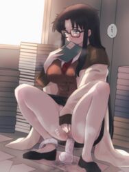 black-framed_eyewear black_footwear black_hair black_skirt blush book book_stack bookworm breasts censored clitoral_stimulation clothed_masturbation clothes_lift clothing commission covering_mouth dildo dildo_riding female flats glasses hanjuku_choco-pai heavy_breathing highres holding holding_book indoors large_breasts long_hair long_skirt m_legs masturbation mosaic_censoring necktie object_insertion panties panties_around_one_leg pussy pussy_juice read_or_die red_necktie sex_toy skeb_commission skirt skirt_lift sleeves_past_wrists solo speech_bubble spread_legs squatting suction_cup_dildo translated underwear vaginal_object_insertion vaginal_penetration waistcoat yomiko_readman