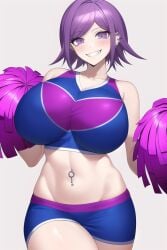 ai_generated cheerleader cheerleader_uniform danganronpa danganronpa_v3 evil_grin evil_smile genderswap_(mtf) huge_breasts kokichi_ouma lair nai_diffusion navel_piercing ouma_kokichi purple_eyes purple_hair rule_63 stable_diffusion