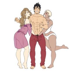 1boy 2girls abs angry assertive_female blonde_female dubious_consent femdom grope groping hand_in_clothes hand_in_pants handjob handjob_under_clothing ichan ignition_crisis jogging_pants lingerie smile topless_male underwear