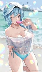 1girls absurd_res areola areolae beach big_breasts bikini bikini_bottom blue_bikini blue_bikini_bottom blue_hair blush breasts cleavage detailed_background eula_(genshin_impact) genshin_impact hairband hi_res highres hips huge_breasts ice_cream large_breasts licking_ice_cream looking_at_viewer nipples nipples_visible_through_clothing ozzyart purple_eyes see-through see-through_clothing short_hair solo thick thick_thighs thighs wet wide_hips wink