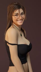 1girls 3d alternate_breast_size areola_slip areolae batesz big_breasts blender breasts brown_eyes brown_hair cleavage cute female female_only glasses grin lara_croft lara_croft_(survivor) large_breasts long_hair looking_at_viewer necklace nipple_slip nose_piercing off_shoulder ponytail realistic smile smiling smiling_at_viewer solo strap_slip tank_top tomb_raider tomb_raider_(survivor)