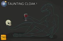 1girls anthro cloak dinosaur female female_only glass_cup horns human_skull indotaurus invisibility invisibility_cloak invisible jurassic_park jurassic_world jurassic_world_alive sitting skull the_nameless_guy theropod wine_glass