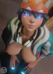 1girls 3d big_ass big_breasts big_butt blizzard_entertainment blue_eyes exposed_breasts glowing_eyes green_hair high_heels image jacket kiriko_(overwatch) kiriko_kamori kitsune_mask leggings long_fingernails nude_female overwatch overwatch_2 ponytail sukajan_kiriko sweat sweaty_body sweaty_breasts trsensualstudio watermark