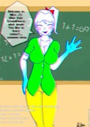 big_breasts blue_eyes domass english_text female female_only glitch green green_clothing school scp-5094 scp_foundation teacher text text_bubble white_body white_hair yellow_clothing