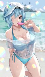 1girls absurd_res beach big_breasts bikini bikini_bottom bikini_top blue_bikini blue_bikini_bottom blue_bikini_top blue_hair blush breasts cleavage detailed_background eula_(genshin_impact) genshin_impact hairband hi_res highres hips huge_breasts ice_cream large_breasts licking_ice_cream looking_at_viewer ozzyart purple_eyes see-through see-through_clothing short_hair solo thick thick_thighs thighs wet wide_hips wink