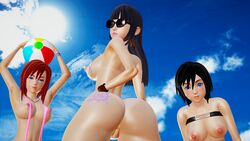 3d 3girls areola_slip areolae ass_focus beach big_ass big_breasts bimbo busty honey_select kairi kingdom_hearts nipple_slip nipples roseza skuld_(kingdom_hearts) swimsuit xion