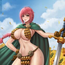 armor bikini_armor braid breasts cape female female_only gladiator gladiatrix green_cape holding holding_sword holding_weapon kyopink large_breasts one_piece pink_hair rebecca_(one_piece) skimpy solo sword thick_thighs weapon