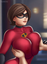 1boy 1girls armwear bodysuit boobs breast_grab breast_press breasts choker cleavage clothing deep_cleavage disney domino_mask elastigirl erect_nipples_under_clothes eyewear female flowerxl footwear full_cleavage handwear helen_parr huge_breasts large_breasts legwear mask milf nipple_bulge pixar pleasure_face pokies smooth_skin superheroine the_incredibles