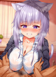 1boy alternate_costume animal_ear_fluff animal_ears bangs bedroom black_jacket blue_hair blunt_bangs breasts button_gap cat_ears cat_girl cat_tail censored clothed_female_nude_male collared_shirt colored_inner_hair covered_nipples dress_shirt female grin hair_between_eyes hololive hololive_gamers hololive_japan jacket kuragari large_breasts looking_at_viewer male_pubic_hair medium_hair mosaic_censoring multicolored_hair neck_ribbon nekomata_okayu nipples no_bra nude official_alternate_costume okayu_ch. open_clothes open_jacket paizuri paizuri_under_clothes partially_unbuttoned penis pov pov_crotch pov_hands pubic_hair purple_eyes purple_hair purple_ribbon ribbon see-through see-through_shirt shirt smile solo_focus straight sweat tail virtual_youtuber white_shirt