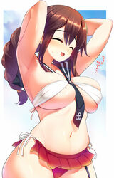 armpits arms_behind_head arms_up big_breasts bikini blush braided_hair braids breast_squish brown_hair closed_eyes dragonmaterial female female_only kantai_collection long_hair microskirt necktie necktie_between_breasts noshiro_(kantai_collection) sailor_collar side-tie_bikini smile solo sweatdrop swimsuit underboob wide_hips