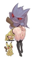 1boy absurdres adapted_costume allister_(pokemon) anal bent_over black_hair black_legwear body_blush character_print clenched_teeth closed_eyes cosplay cum cum_in_ass cum_while_penetrated disembodied_penis ejaculation gengar highres hood hood_up looking_back male_focus mask mimikyu mimikyu_(cosplay) monster_frog onion_(pokemon) overflow penis pokémon_(species) pokemon pokemon_(cosplay) pokemon_(game) pokemon_ss pokemon_tail sex shiny shiny_skin short_hair sweat tail teeth testicles thighhighs white_background yaoi