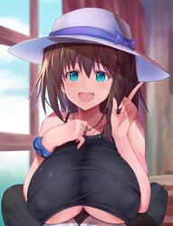 1boy asahi_(fullmetal_madness) bangs bare_shoulders bikini black_bikini blush braid breast_squeeze breasts brown_hair charlotte_corday_(fate) charlotte_corday_(swimsuit_caster) cleavage clothing_cutout collarbone fate/grand_order fate_(series) female green_eyes hat highres jewelry large_breasts looking_at_viewer necklace open_mouth paizuri paizuri_under_clothes pendant short_hair side_braid smile straight sun_hat swimsuit underboob underboob_cutout white_headwear