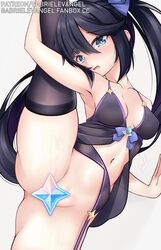 babydoll bangs black_hair blush bottomless breasts censored eyebrows_visible_through_hair female from_below gabriel_evangel garter_belt genshin_impact hair_ribbon highres lingerie looking_at_viewer medium_breasts mona_(genshin_impact) navel negligee patreon_username primogem reward_available ribbon simple_background solo split spread_legs standing standing_on_one_leg standing_split thighhighs twintails underwear vision_(genshin_impact) white_background