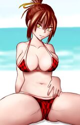 1girls beach bikini bikini_top bra breasts brown_hair female female_focus female_only gender_transformation hair_tied history okita_souji_(shuumatsu_no_valkyrie) open_legs public_domain red_bra rockie_art rule_63 seductive_look seductive_smile shuumatsu_no_valkyrie smile smiley_face smiling smiling_at_viewer solo solo_female tagme yellow_eyes