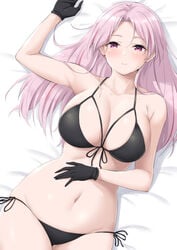 big_breasts bikini black_bikini black_gloves blush cleavage female female_only gloves hourglass_figure kantai_collection long_hair looking_at_viewer luigi_di_savoia_duca_degli_abruzzi_(kantai_collection) on_back pink_eyes pink_hair red_highlights side-tie_bikini smile solo takomeshi wide_hips