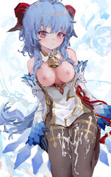 bangs bare_shoulders blue_hair breasts breasts_out bukkake cum cum_on_legs curled_horns detached_sleeves female ganyu_(genshin_impact) genshin_impact gloves gold_trim highres horns leotard leotard_under_clothes long_hair male_pov medium_breasts multicolored_eyes nipples pantyhose reddizen seiza sidelocks sitting solo thighs very_long_hair