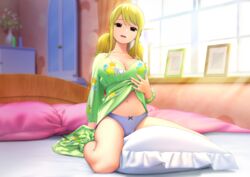 1girls absurdres bed bedroom blonde_hair breasts brown_eyes clothed_masturbation collarbone fairy_tail female flower highres indoors kneeling large_breasts legendarysoulii looking_at_viewer low_twintails lucy_heartfilia masturbation navel on_bed open_mouth panties pants_around_one_leg pillow pillow_sex raised_eyebrows rubbing shirt_lift solo straddling sunlight twintails underwear wariza white_panties window