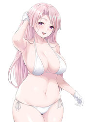 armpit big_breasts bikini blush cleavage female female_only gloves hand_on_head kantai_collection long_hair looking_at_viewer luigi_di_savoia_duca_degli_abruzzi_(kantai_collection) pink_eyes pink_hair plump red_highlights side-tie_bikini smile solo swimsuit takomeshi thick_thighs white_bikini white_gloves wide_hips