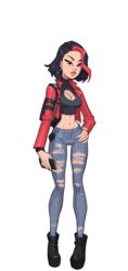 1girls 2020 backpack black_boots black_hair character_sheet clothed_female female_focus female_only hand_on_own_hip jeans kink_inc. light-skinned_female lisa_(kink_inc.) model_sheet nutaku pale-skinned_female phone plump_lips red_highlights red_jacket short_hair solo_female solo_focus tender_troupe torn_jeans transparent_background wallet