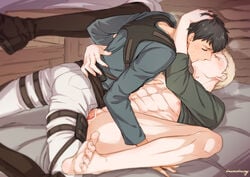 2boys abs anal ass attack_on_titan bar_censor bare_pectorals bertolt_hoover blonde_hair blush bottomless breath brown_hair bulge censored clothed_sex couple erection gay grabbing hand_on_another's_back hand_on_another's_head happy_sex kissing large_pectorals lying male male/male male_focus male_only maru_mary multiple_boys naked_shirt navel nipples on_back pants pectoral_grab pectorals reiner_braun sex shingeki_no_kyojin shirt short_hair sideburns spread_legs stomach toned toned_male white_pants yaoi