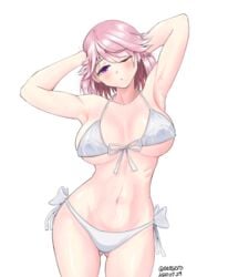 armpits arms_up ass_visible_through_thighs big_breasts bikini blush female female_only giuseppe_garibaldi_(kantai_collection) hand_on_head hourglass_figure kantai_collection nipple_bulge one_eye_closed pink_eyes pink_hair red_highlights short_hair side-tie_bikini solo swimsuit two_tone_hair underboob white_bikini wide_hips