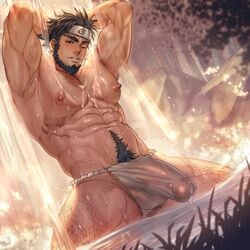 1boy 1male abs absurdres arkapami armpit_hair armpits arms_behind_head balls_in_underwear bara beard black_hair body_hair boner bulge chest_hair day dilf erection erection_under_clothes facial_hair forehead_protector fundoshi hairy hairy_thighs highres human human_only japanese_clothes large_pectorals leg_hair looking_at_viewer looking_down looking_down_at_viewer low-angle_view male male_focus male_nipples male_only male_pubic_hair manly muscular muscular_male naruto naruto_(series) naruto_shippuden navel navel_hair nipples one_eye_closed outdoors partially_submerged pectorals penis_in_underwear pubic_hair sarutobi_asuma short_hair sideburns solo solo_focus solo_male thick_thighs thighs underwear underwear_only water wet wet_underwear