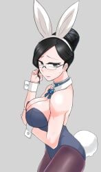 black_hair breasts bunny_ears bunny_tail bunnysuit dullahan glasses grey_eyes hair_bun headband large_breasts leotard looking_at_viewer nipple_slip nipples overlord_(maruyama) pantyhose standing sweat sweatdrop tagme yuri_alpha zei-minarai