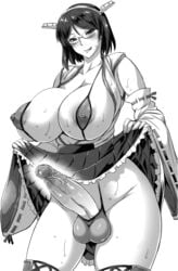 1futa balls black_and_white doujinshi edit erect_nipples erection full-package_futanari futanari glasses huge_breasts huge_cock kantai_collection kirishima_(kantai_collection) licking_lips lifting_skirt monochrome musashino_sekai overflowing_breasts render see-through_bra solo_futa transparent_background uncensored veiny_penis wide_hips