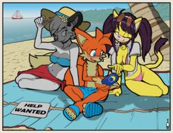 1boy 2girls 4:3 absurd_res anthro ardan_norgate barby_koala beach bikini blue_eyes blush canine collar domestic_cat female femdom fox furry hi_res honey_the_cat koala male miles_prower older_female orange_fur orange_hair sarong sega smaller_male sonic_(series) sonic_the_fighters sonic_the_hedgehog_(archie) sonic_the_hedgehog_(comics) sunglasses sunglasses_on_head sunhat sunscreen swimsuit swimwear tails text white_fur white_hair wink yellow_eyes yellow_fur yellow_hair younger_male