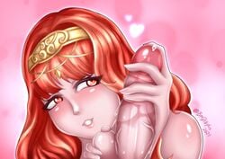 1girls bangs bmd18plus celica_(fire_emblem) cock_worship female_focus fire_emblem fire_emblem_echoes:_shadows_of_valentia grin groping handjob medium_hair nintendo orange_eyes orange_hair penis_awe pink_background royalty smile solo_focus testicle_grab testicles