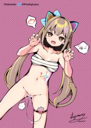 :3 animal_ears artist_name bangs bare_shoulders blue_bow borrowed_character bottomless bow breasts brown_eyes brown_hair cat_ears cat_girl cat_tail character_name chest_sarashi chinese_commentary chinese_text claw_pose collarbone commentary_request controller dated dutch_angle egg_vibrator english_text eyebrows_visible_through_hair fangs female groin hairbow halftone happy heart heart-shaped_pupils highres lagomoro legs_apart long_hair masturbation medium_breasts multicolored_hair navel object_insertion oerba_yun_fang open_mouth original paw_print pink_background pink_hair polka_dot polka_dot_background pussy pussy_juice remote_control remote_control_vibrator sarashi sex_toy shiny shiny_hair shiny_skin sidelocks signature simple_background skin_fang skindentation smile solo speech_bubble spoken_heart standing stomach straight-on streaked_hair symbol-shaped_pupils tail thigh_strap tied_hair translated twintails twitter_logo twitter_username two-tone_hair uncensored v-shaped_eyebrows vaginal_object_insertion vaginal_penetration very_long_hair vibrator