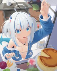 absurdres ahoge aqua_nails blue_eyes blue_hair blue_nails bottomless breasts casual convenient_censoring drawstring eyebrows_visible_through_hair female fish_tail food food_request fork gawr_gura hair_ornament highres hololive hololive_english hololive_myth hood hood_down kitchen multicolored_hair nail_polish naked_jacket neckwear no_bra no_panties oerba_yun_fang open_mouth outerwear pot refrigerator refrigerator_interior shark_hair_ornament shark_tail silver_hair small_breasts standing stomach stove streaked_hair tail tenroy tile_floor tiles tongue virtual_youtuber