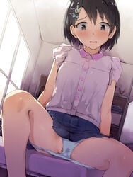 bangs bar_censor black_hair blue_bow blue_panties blue_skirt blush bow bunny_hair_ornament censored collared_shirt day dress_shirt dutch_angle eyebrows_visible_through_hair feet_out_of_frame female flustered grey_eyes hair_ornament hairbow hairclip highres idolmaster idolmaster_cinderella_girls indoors looking_at_viewer panties parted_lips pleated_skirt purple_shirt pussy pussy_juice pussy_peek sasaki_chie seneto shirt short_hair sitting skirt solo spread_legs sunlight sweat underwear wet wet_clothes wet_panties window