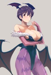 animal_print arm_under_breasts bare_shoulders bat_print bat_wings black_leotard breasts bridal_gauntlets brown_hair cleavage clothing commentary_request cosplay cowboy_shot darkstalkers elbow_gloves female finger_to_mouth fingernails fur_trim gloves grey_background head_wings highres idolmaster idolmaster_cinderella_girls large_breasts leotard long_fingernails looking_to_the_side low_wings morrigan_aensland morrigan_aensland_(cosplay) oikawa_shizuku orange_eyes pantyhose parody pink_gloves pink_legwear short_hair simple_background solo standing vampire very_short_hair wings youhei_(testament)